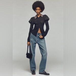 NWT Anthropologie Maeve Puff-Sleeve Buttondown Rhinestone Collar Shirt, Size XS